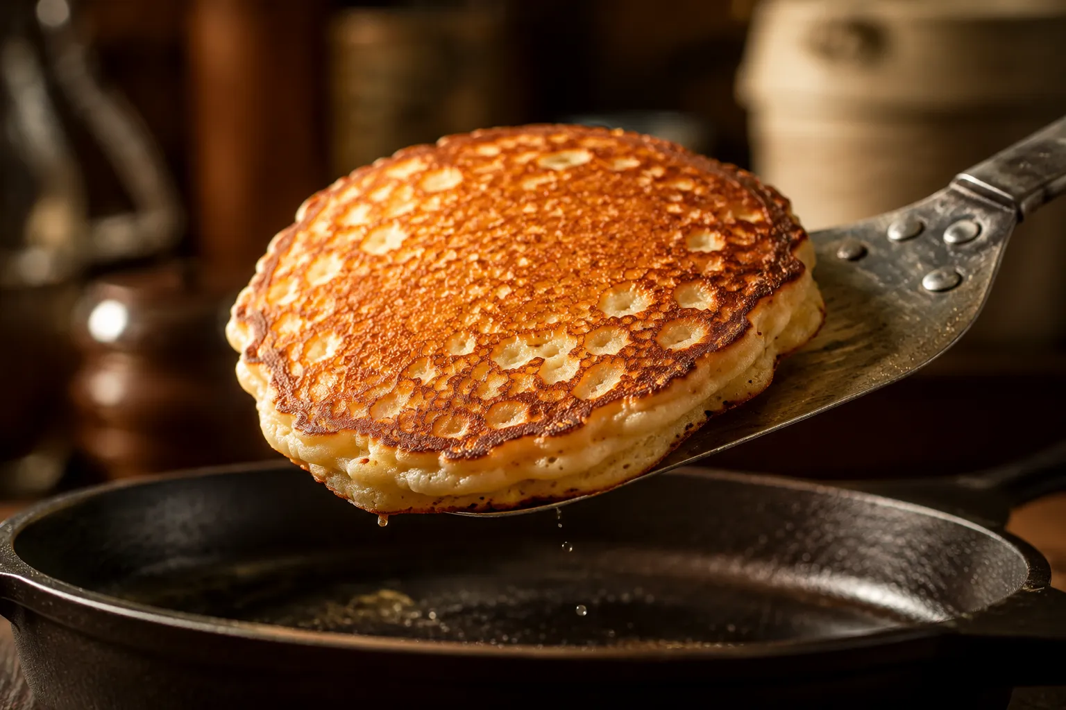 Flipping a golden brown pancake on a skillet