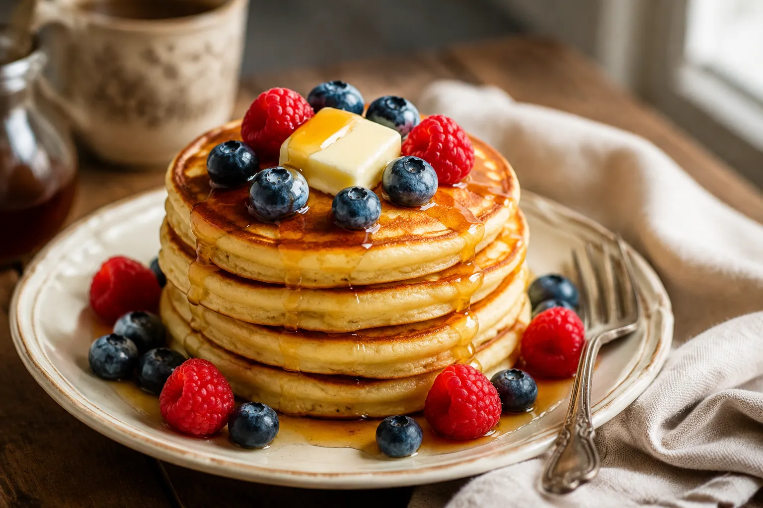 Best pancake recipe served with fresh berries and maple syrup