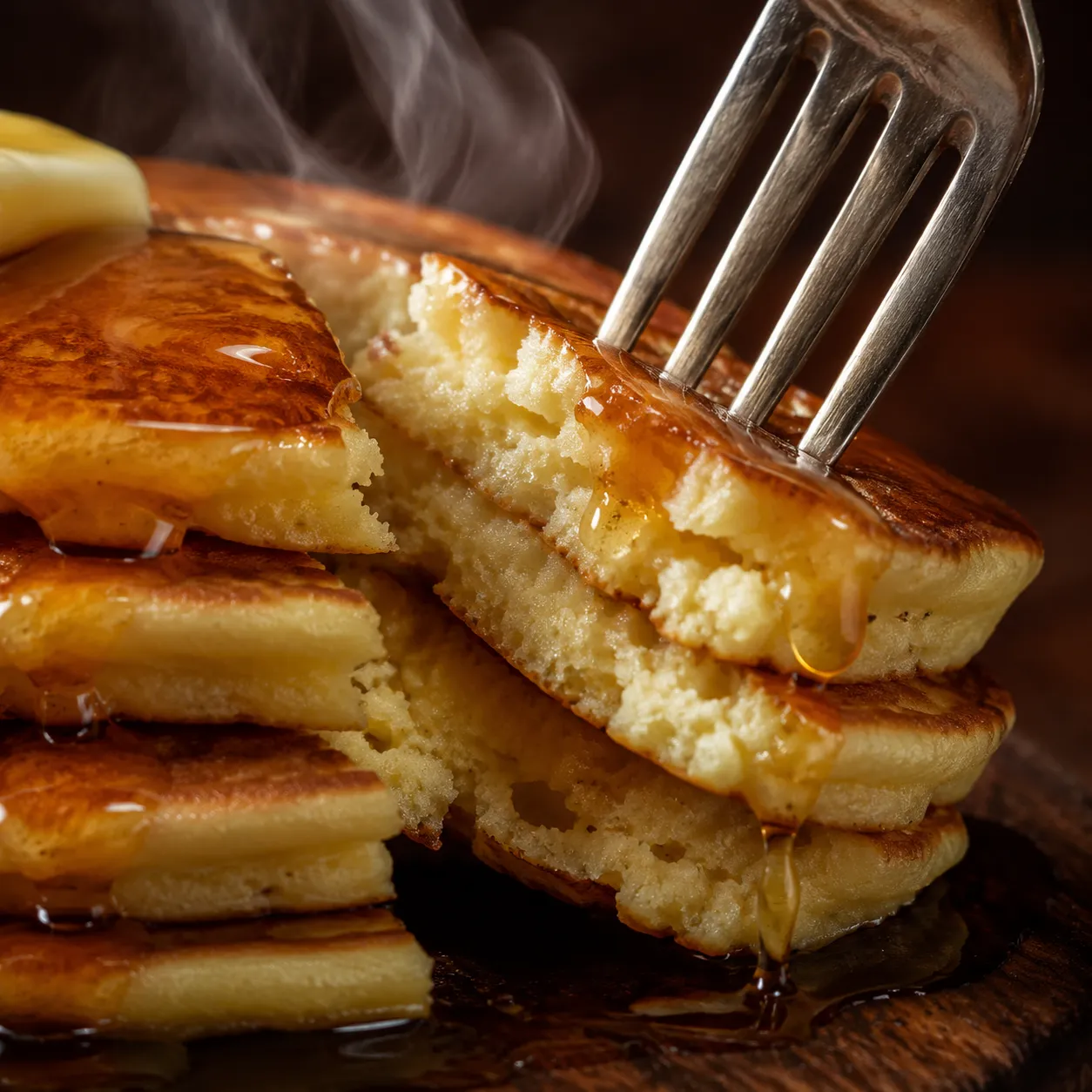 Fluffy pancake interior crumb close-up with maple syrup