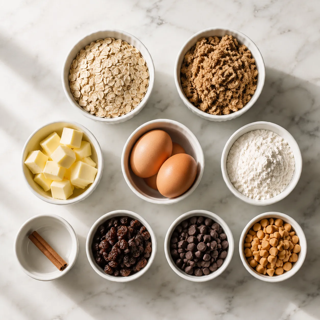 Oatmeal cookies recipe ingredients flatlay with oats, brown sugar, butter, and raisins