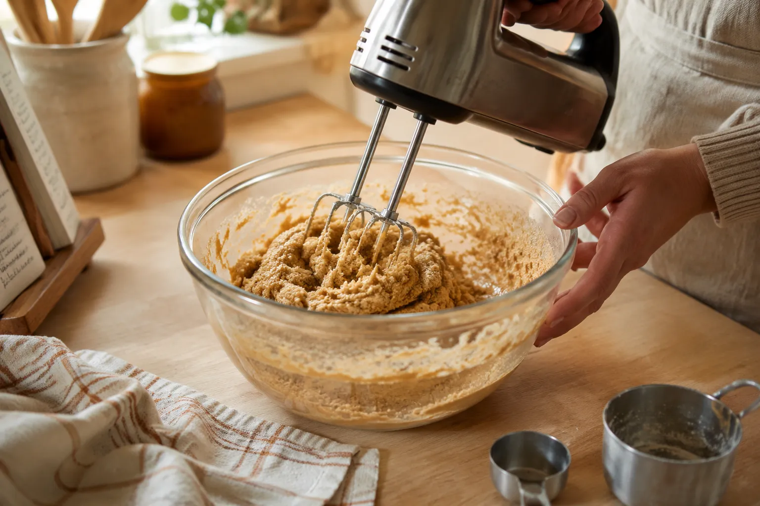 Creaming butter and brown sugar for oatmeal cookies dough
