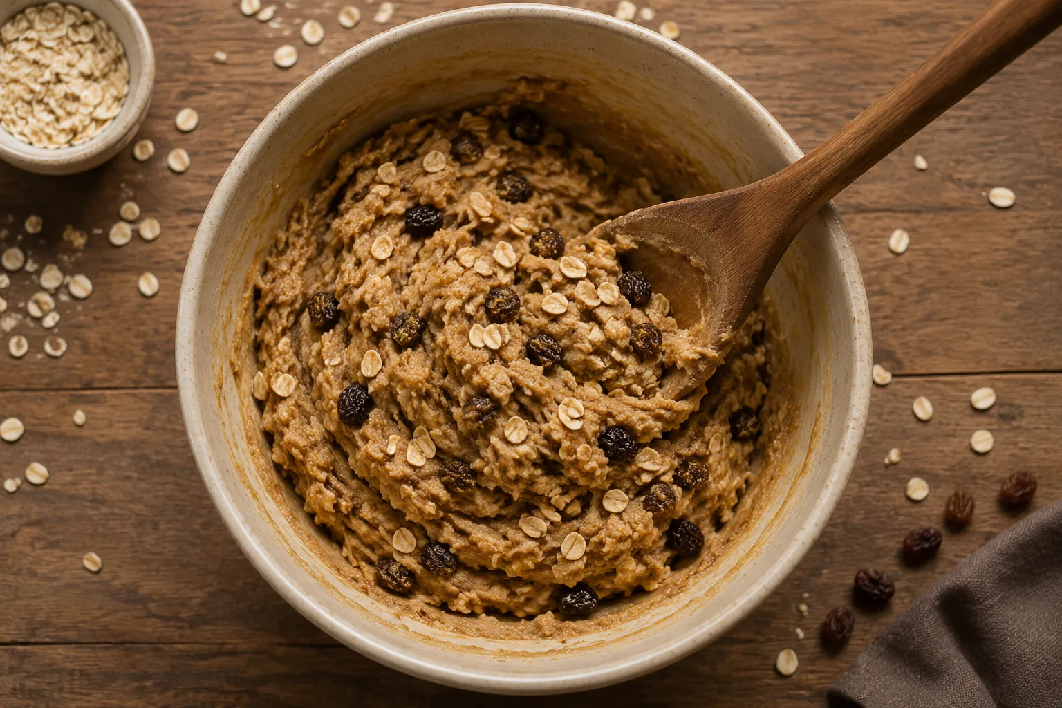 Folding oats and raisins into oatmeal cookies dough