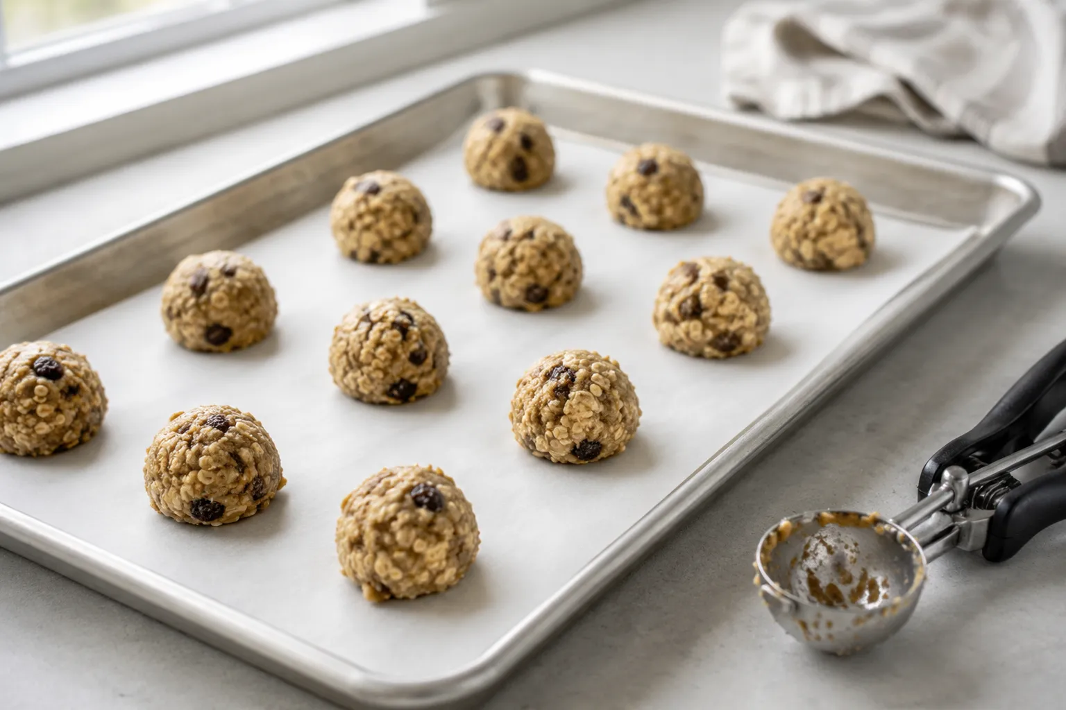 Scooped oatmeal cookies dough balls on parchment baking sheet