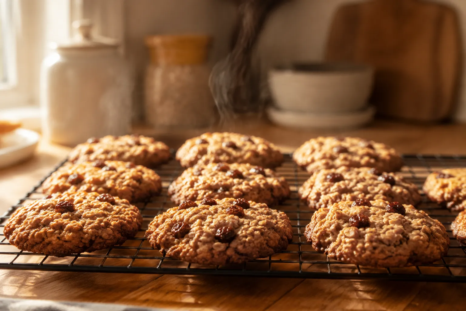 Freshly baked oatmeal cookies cooling on a wire rack