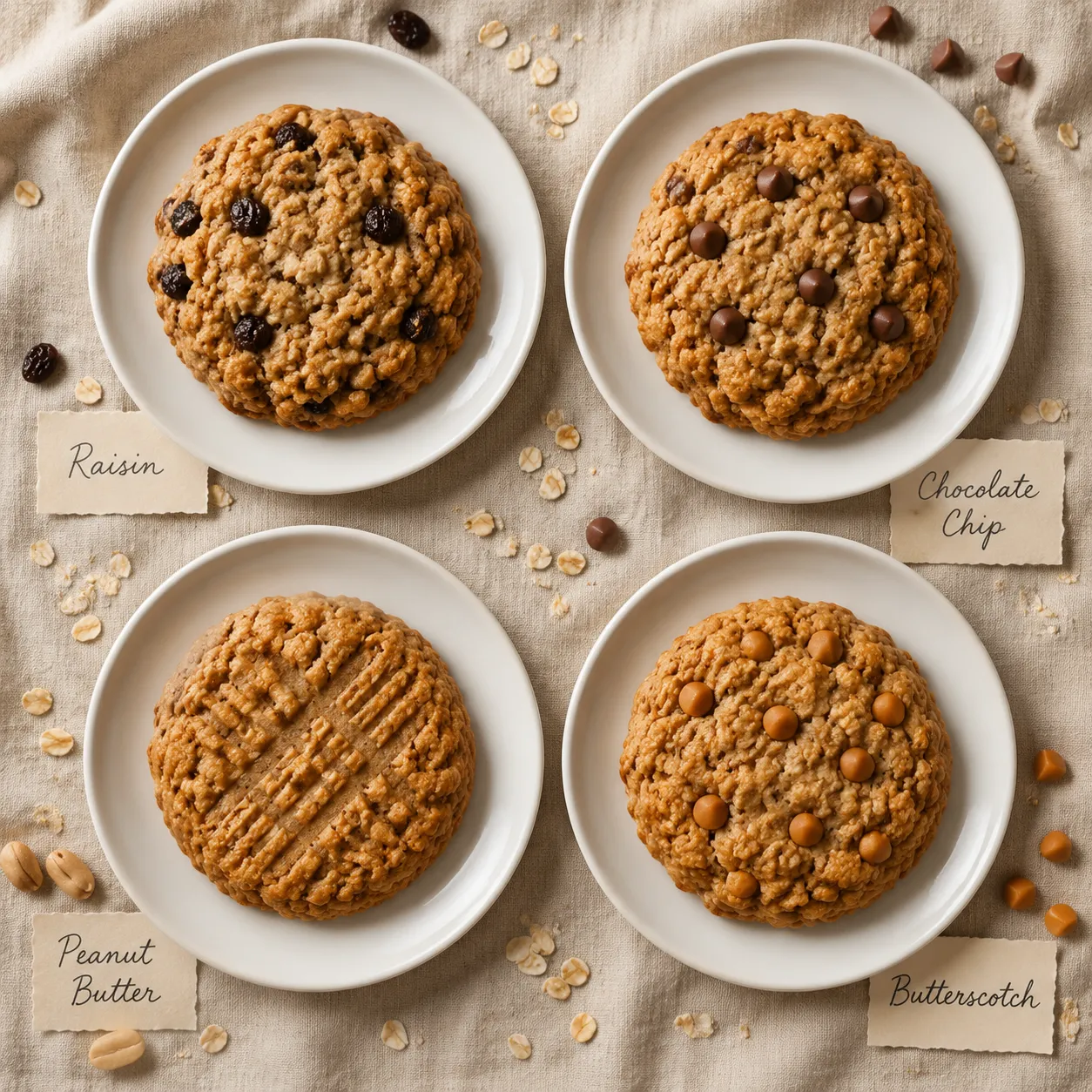 Oatmeal cookies variations with raisins, chocolate, peanut butter, and butterscotch