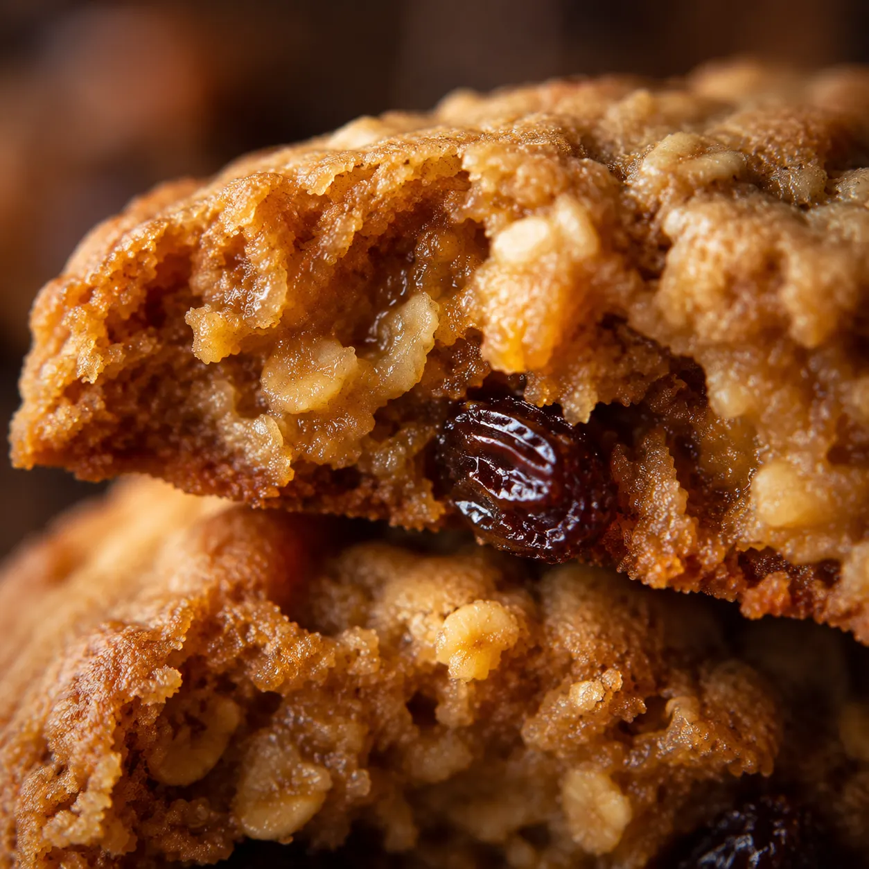 Macro close-up of chewy oatmeal cookie interior with oats and raisins