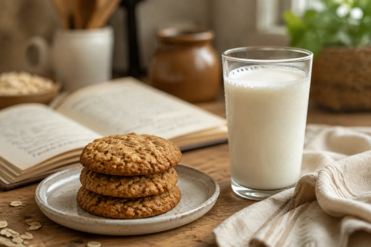 Oatmeal cookies served with a glass of cold milk