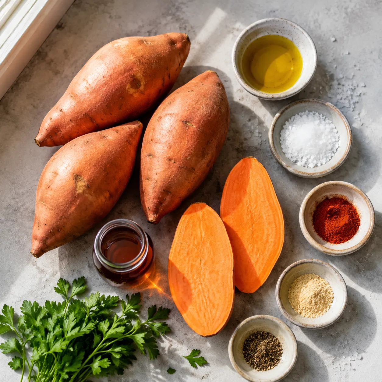 Sweet potato recipes ingredients flatlay with spices, olive oil, and herbs