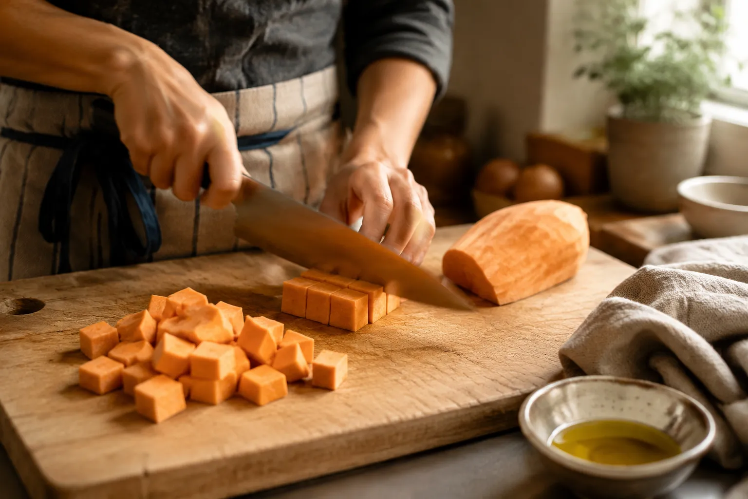 Cubing sweet potatoes for an easy sweet potato recipe