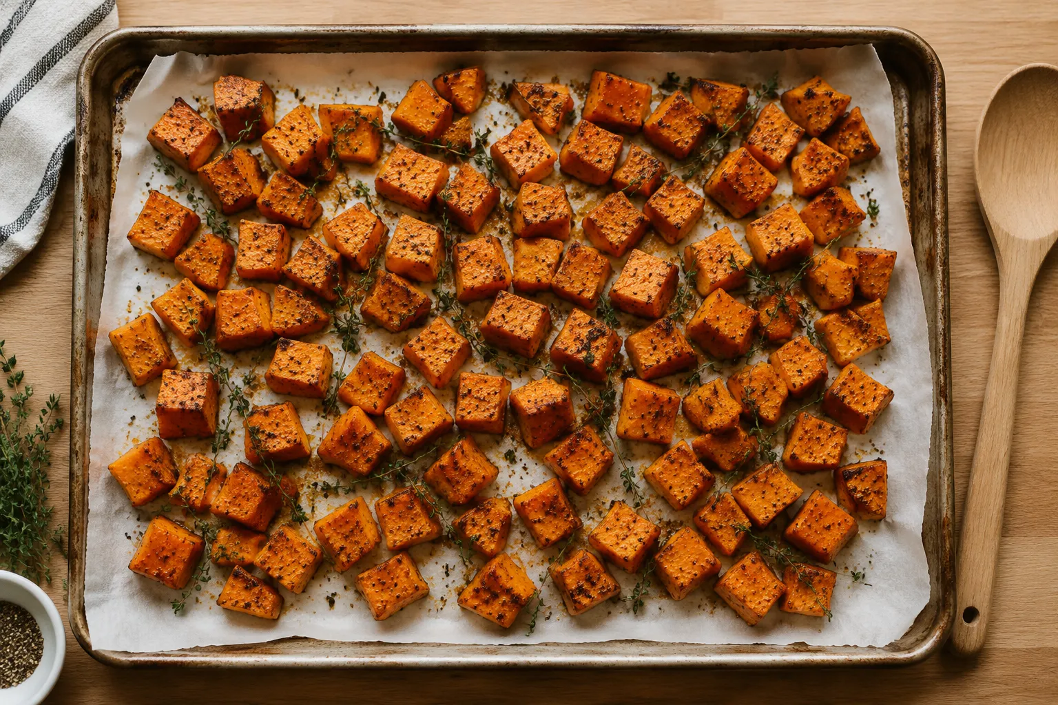 Seasoned sweet potato cubes on a sheet pan ready to roast