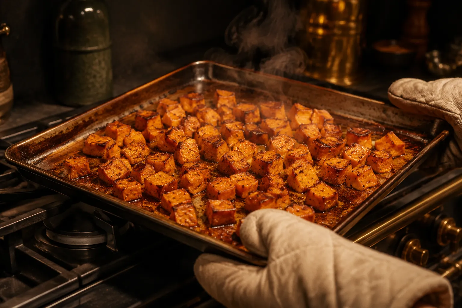 Caramelized roasted sweet potatoes fresh from the oven