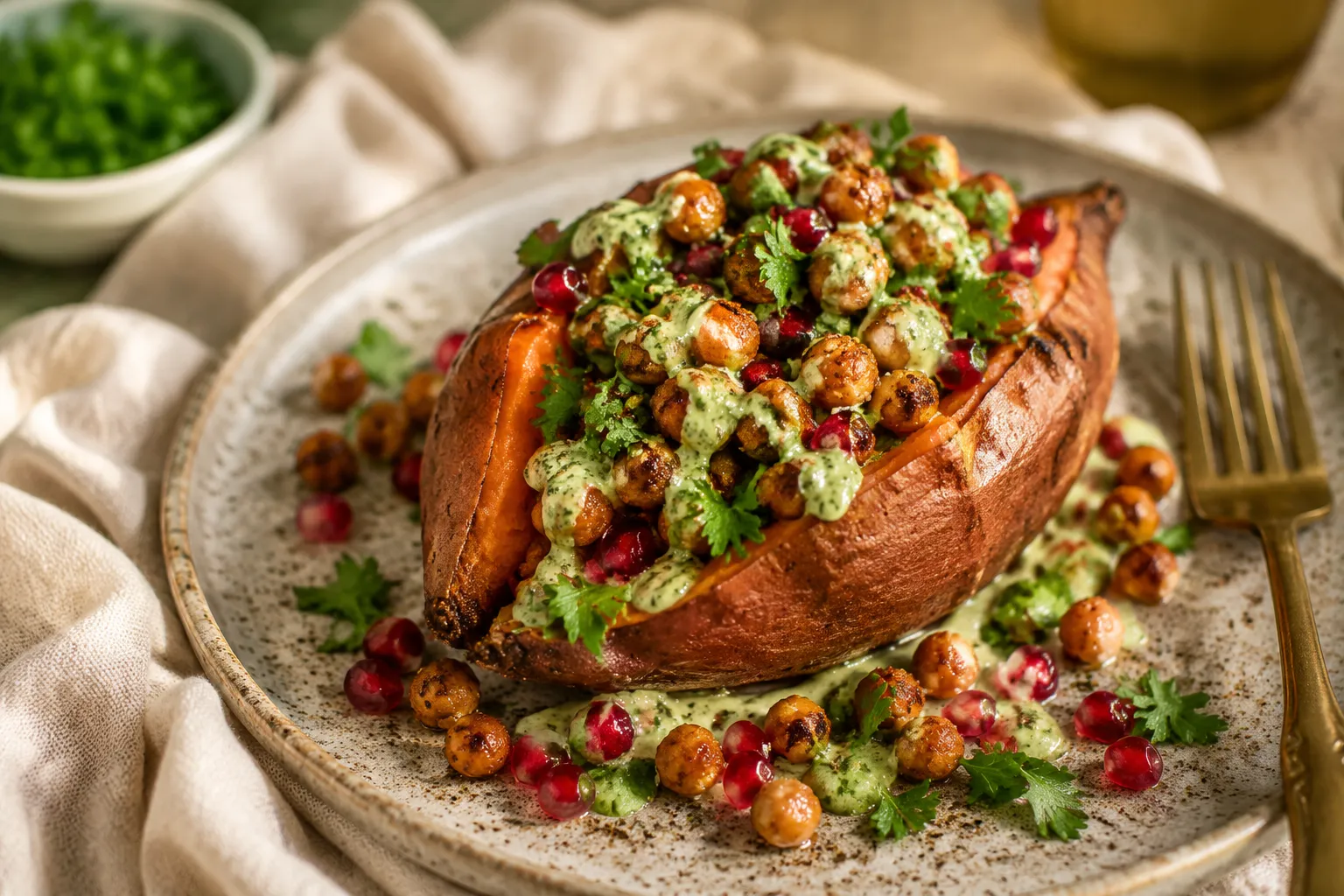 Mediterranean stuffed sweet potato as a healthy sweet potato dinner recipe