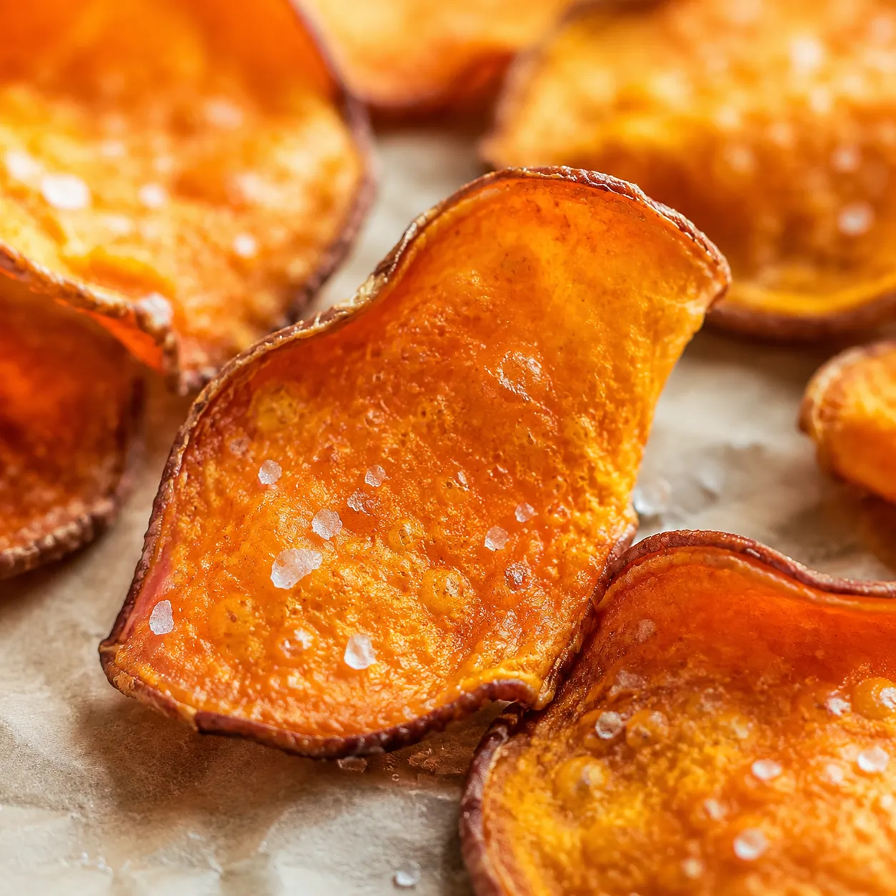 Close-up of crispy baked sweet potato chips recipe