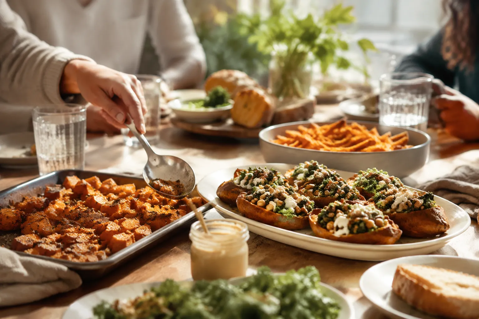Family-style table of easy sweet potato dinner ideas