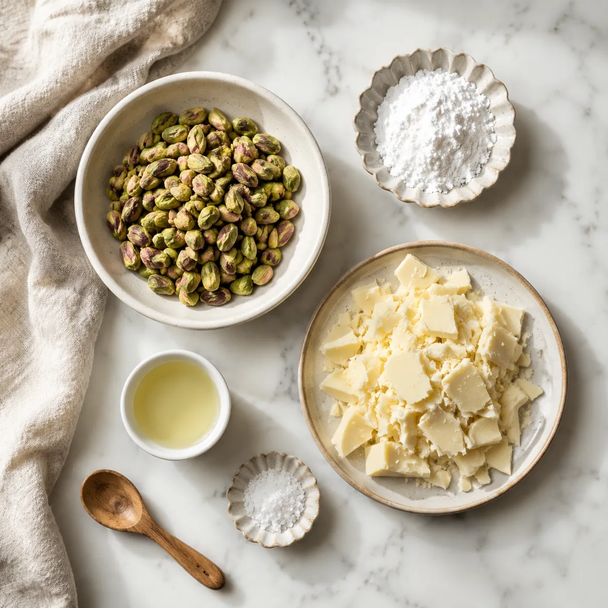 Pistachio cream ingredients flatlay with shelled pistachios, white chocolate, and powdered sugar