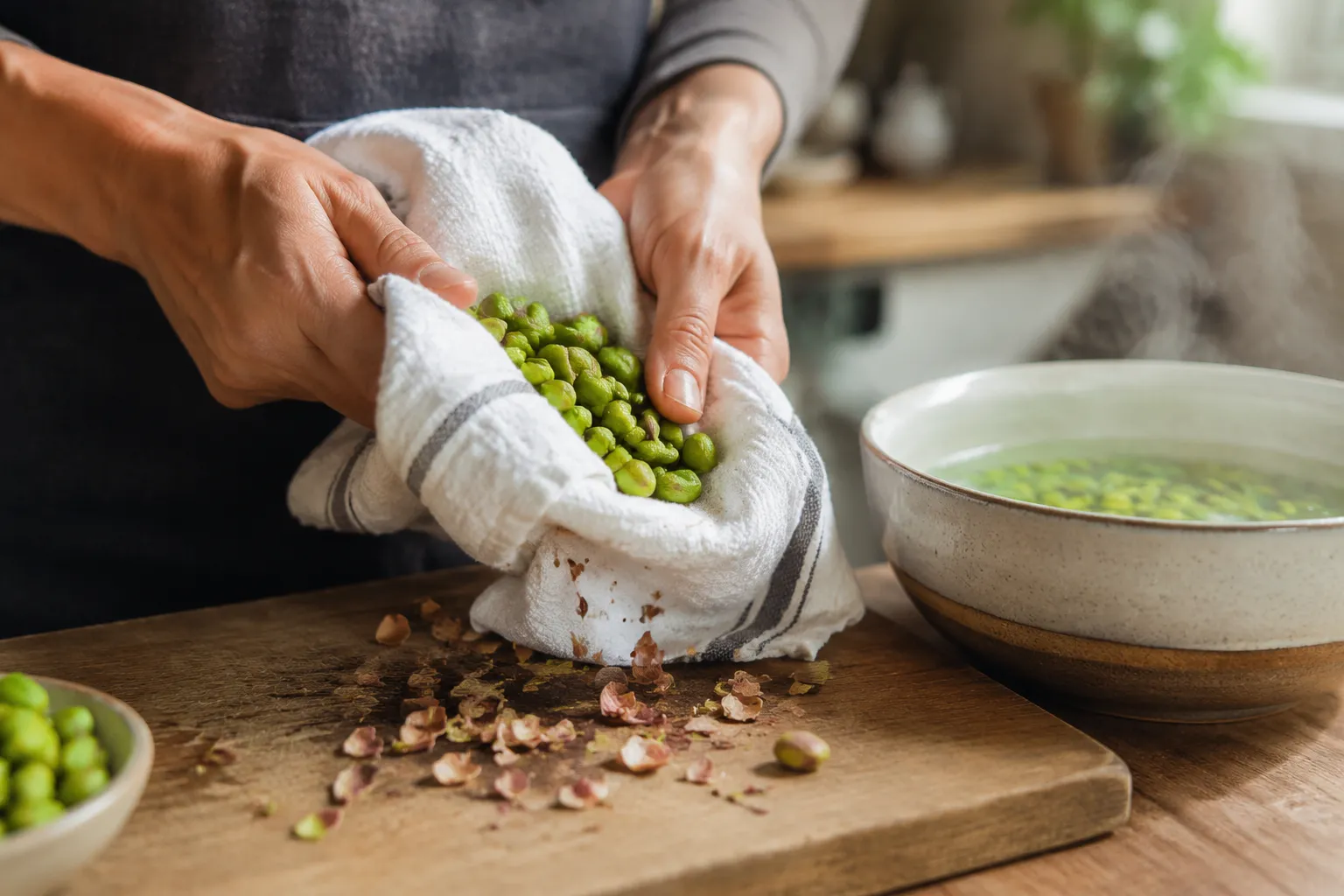 Hands peeling blanched pistachios in a towel for homemade pistachio cream