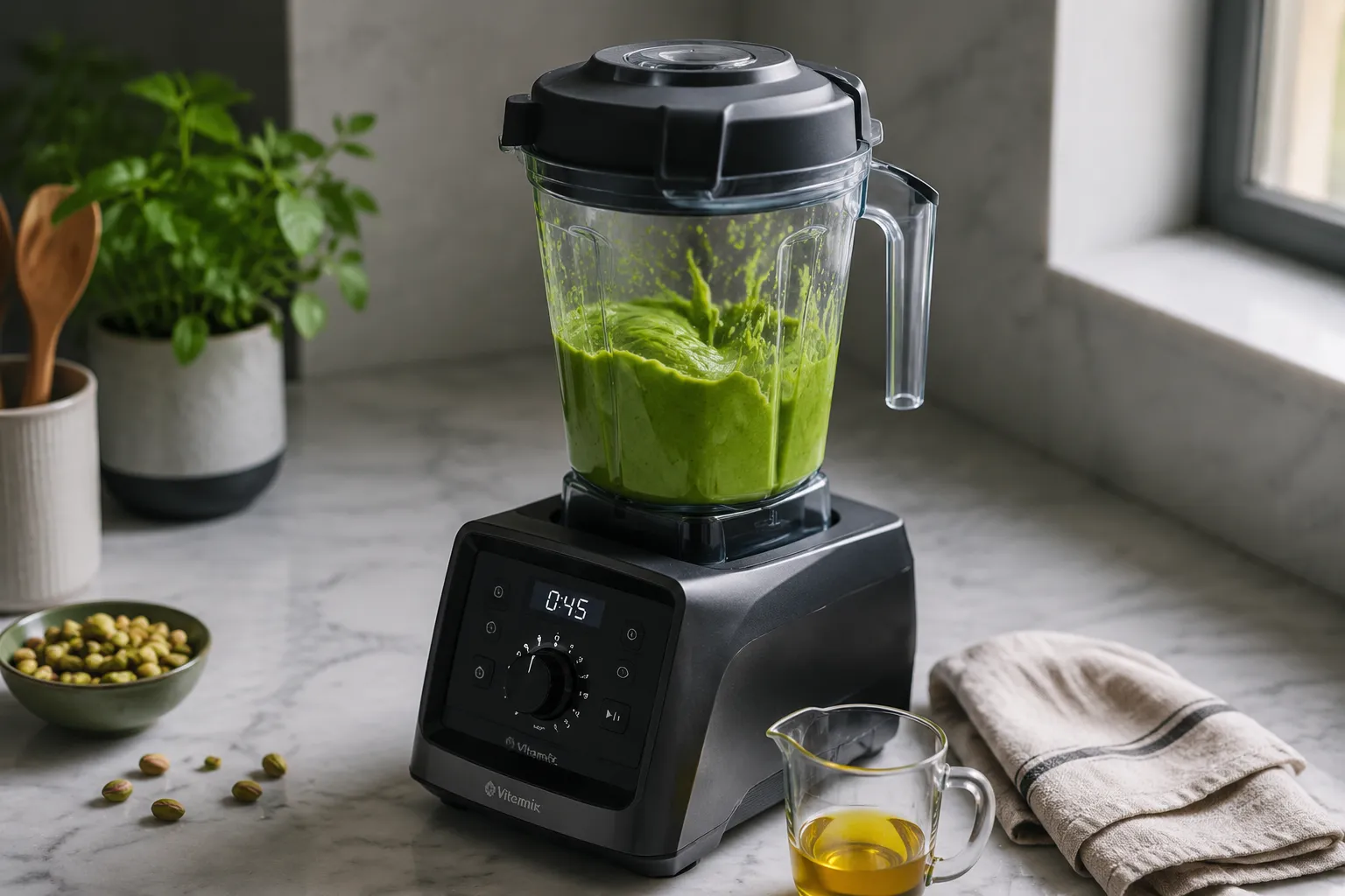 Blending pistachios into smooth pistachio cream in a high-speed blender