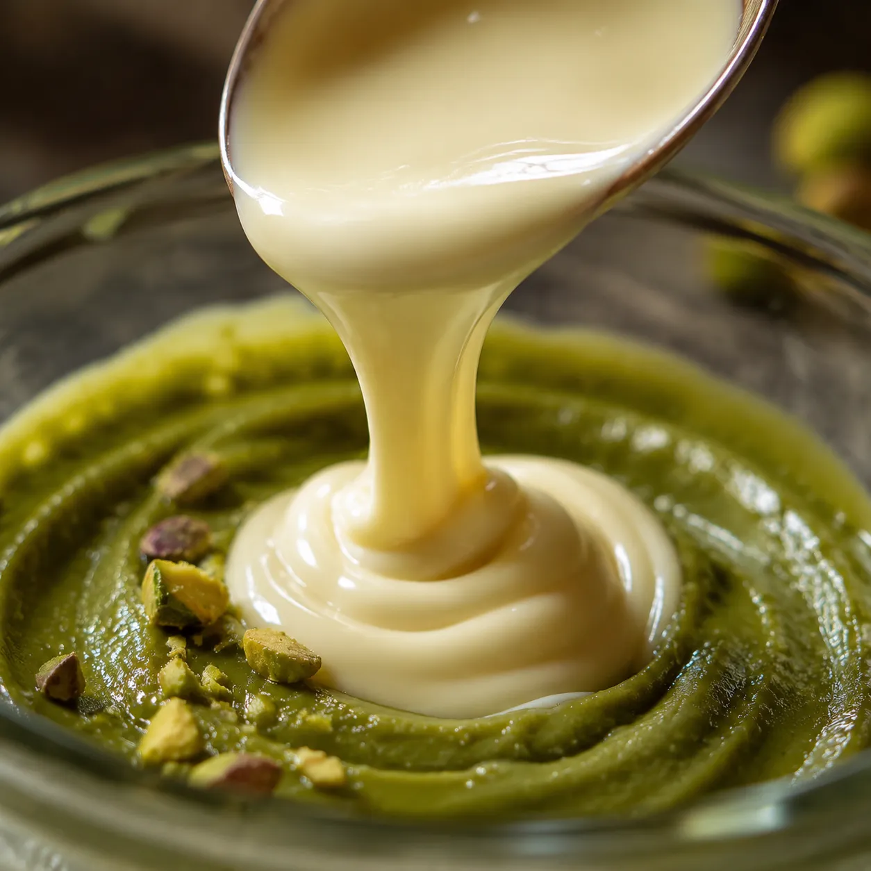 Melted white chocolate drizzled into green pistachio paste for crema di pistacchio