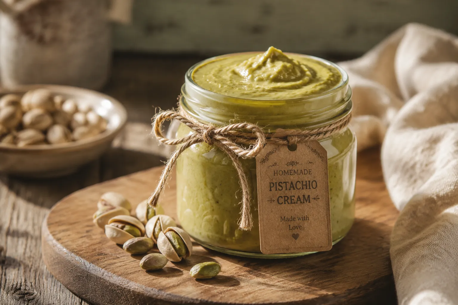 Jar of finished homemade pistachio cream on a rustic wooden board