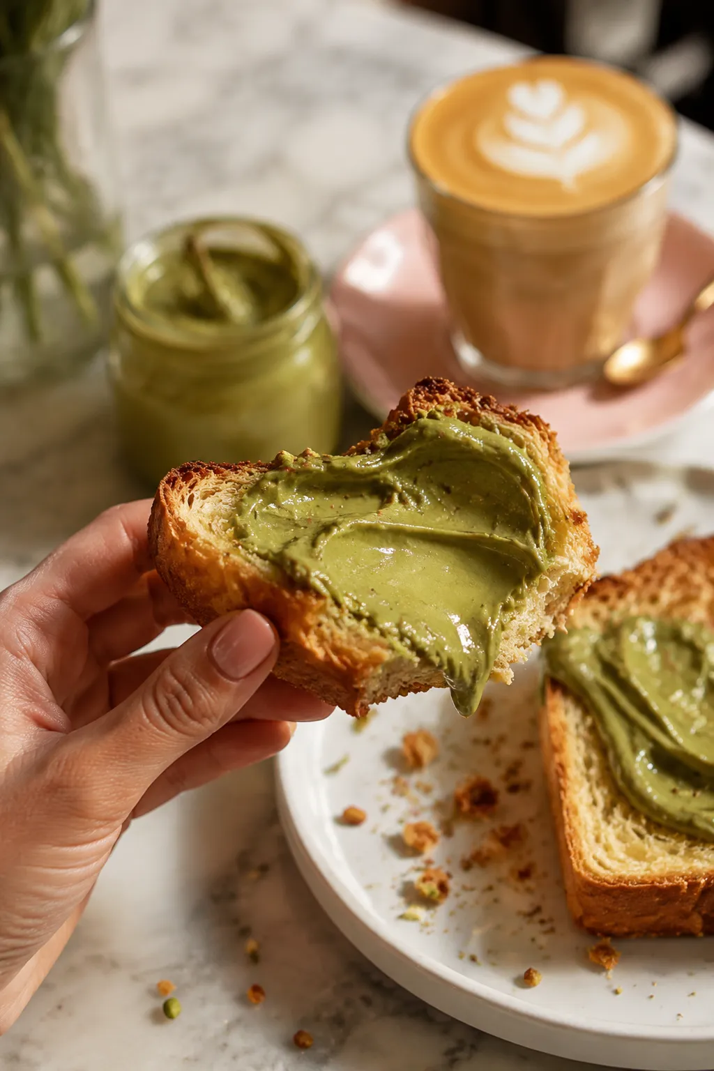 Pistachio cream spread on toasted brioche with a latte in the background