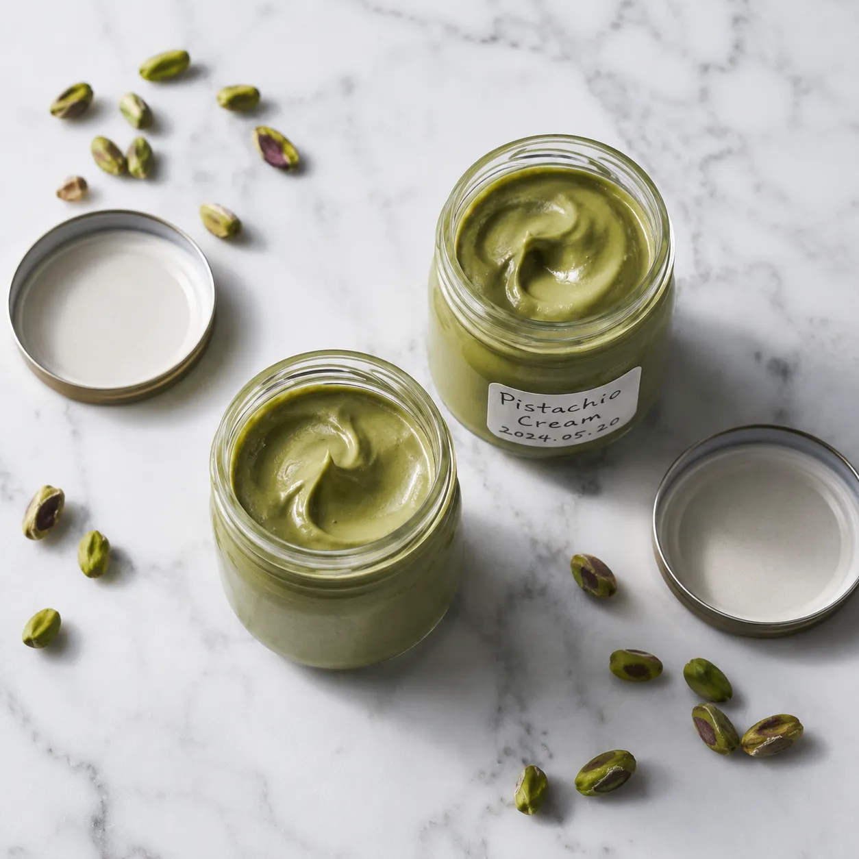Two jars of homemade pistachio cream prepared for refrigerator storage