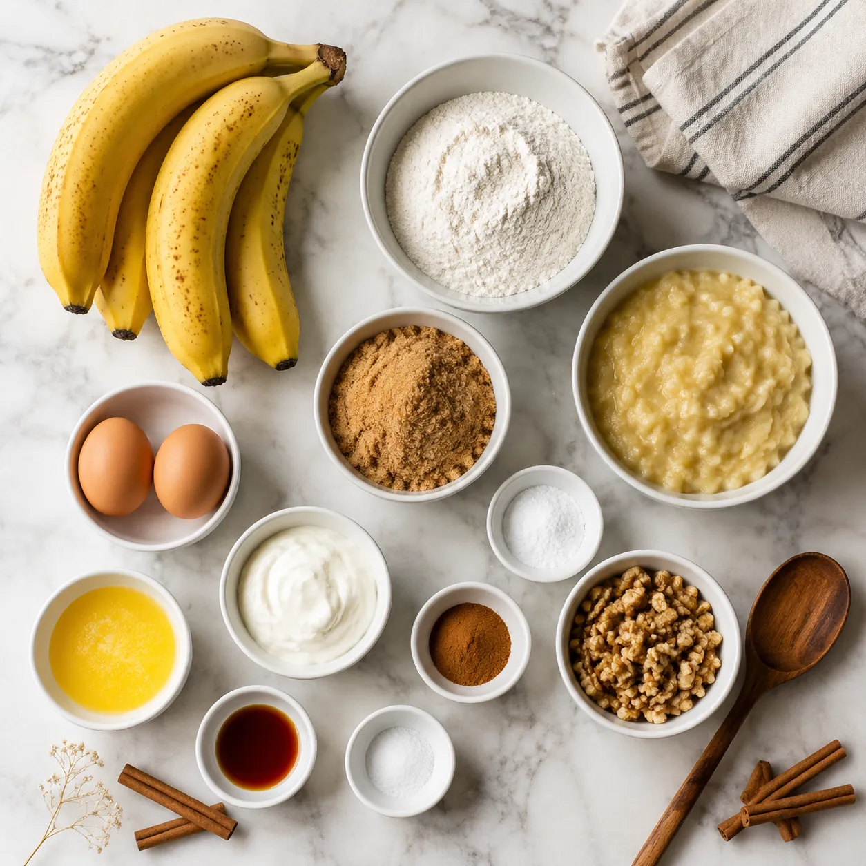 Banana muffin recipe ingredients flatlay with ripe bananas, flour, sugar, eggs, and walnuts