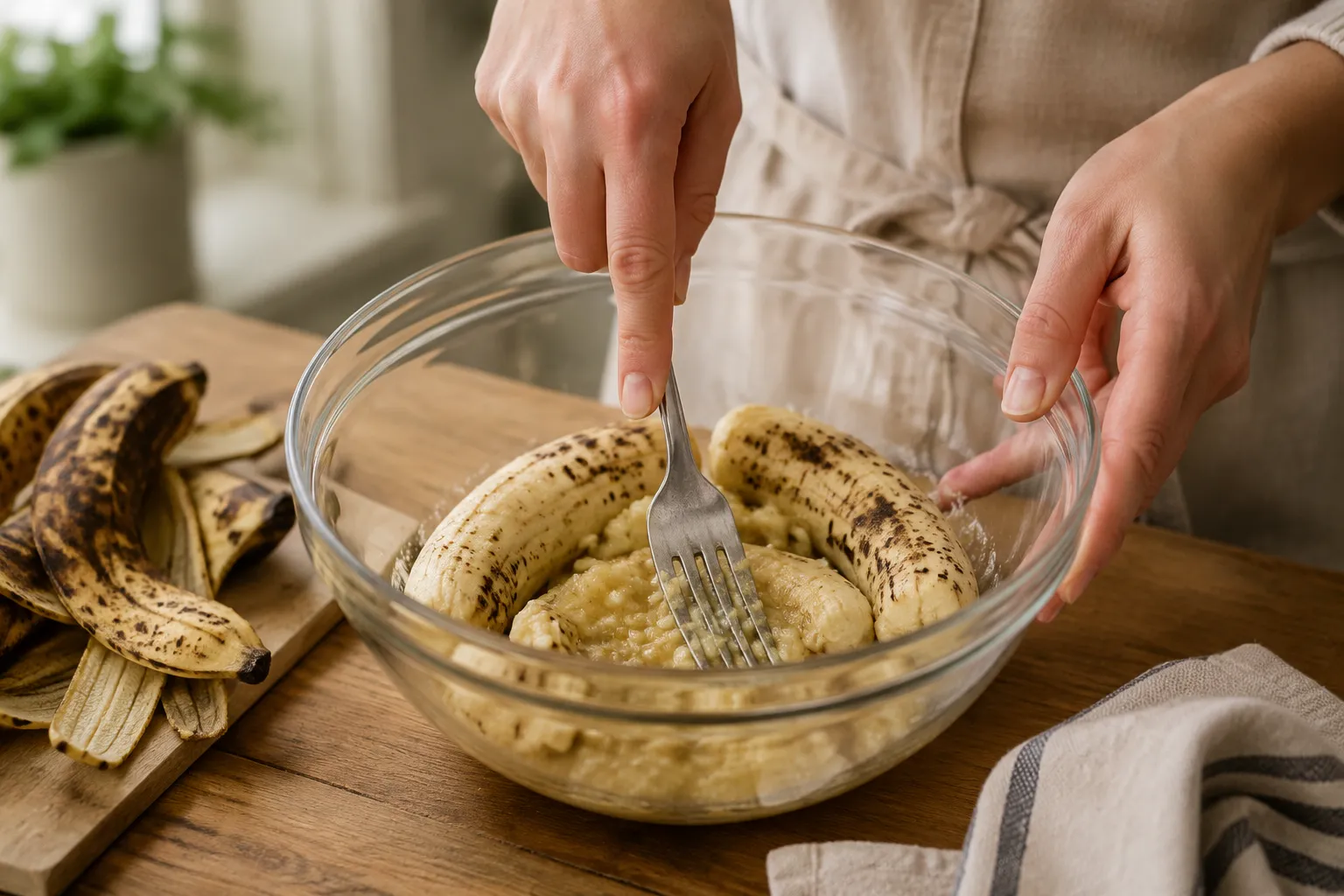 Mashing ripe bananas for banana muffins recipe