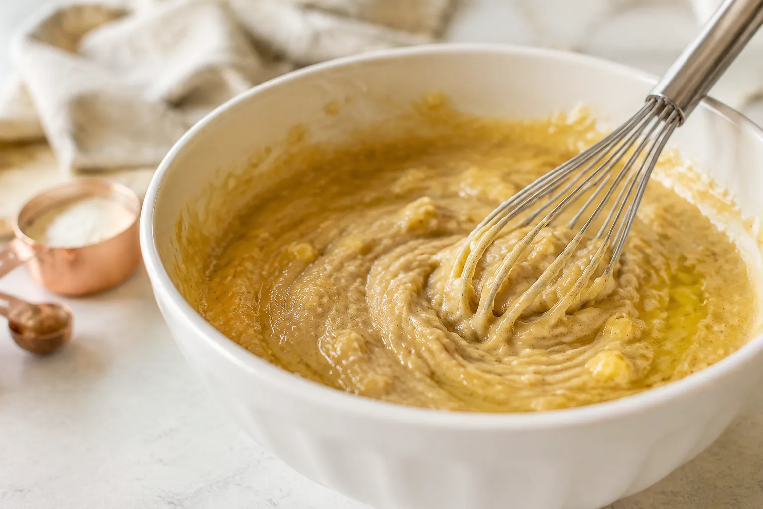 Mixing banana muffin batter in a white ceramic bowl