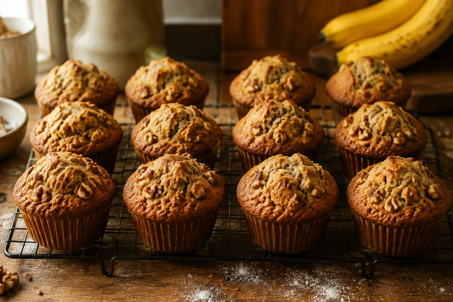 Freshly baked banana muffins with bakery-style domed tops on a cooling rack