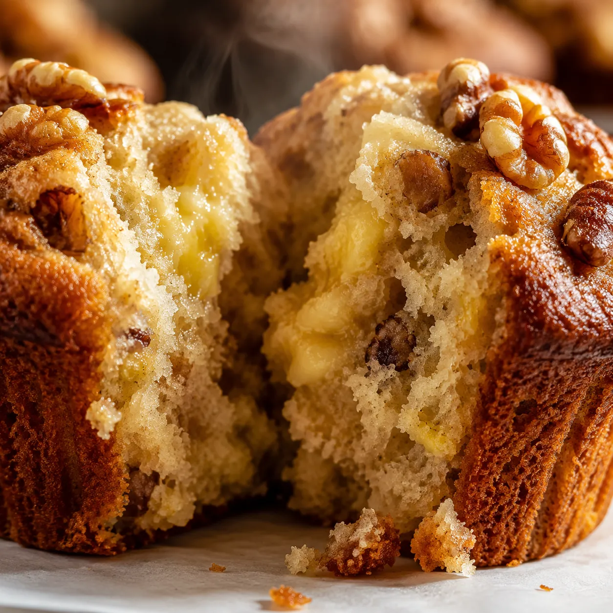 Close-up of a moist banana nut muffin interior with tender crumb