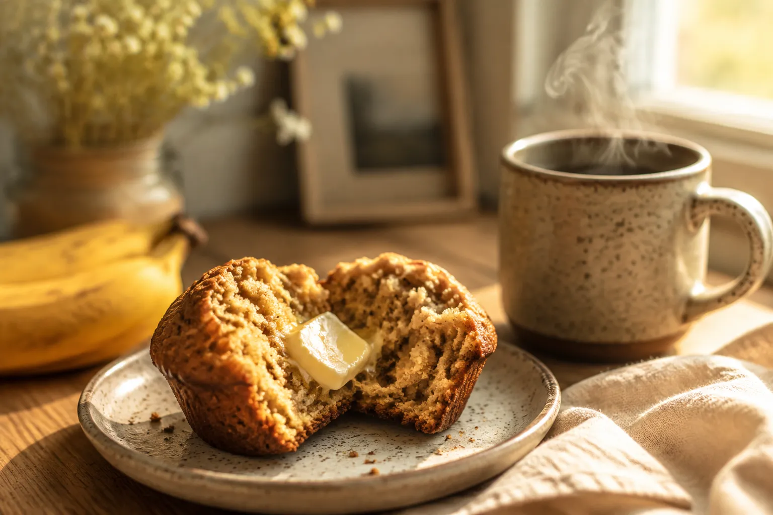 Banana muffin served warm with butter and coffee for breakfast