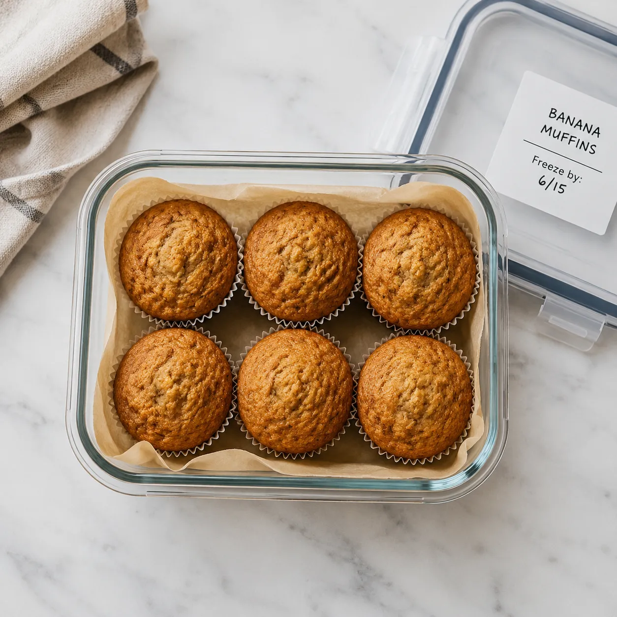 Banana muffins stored in a glass container for freezing