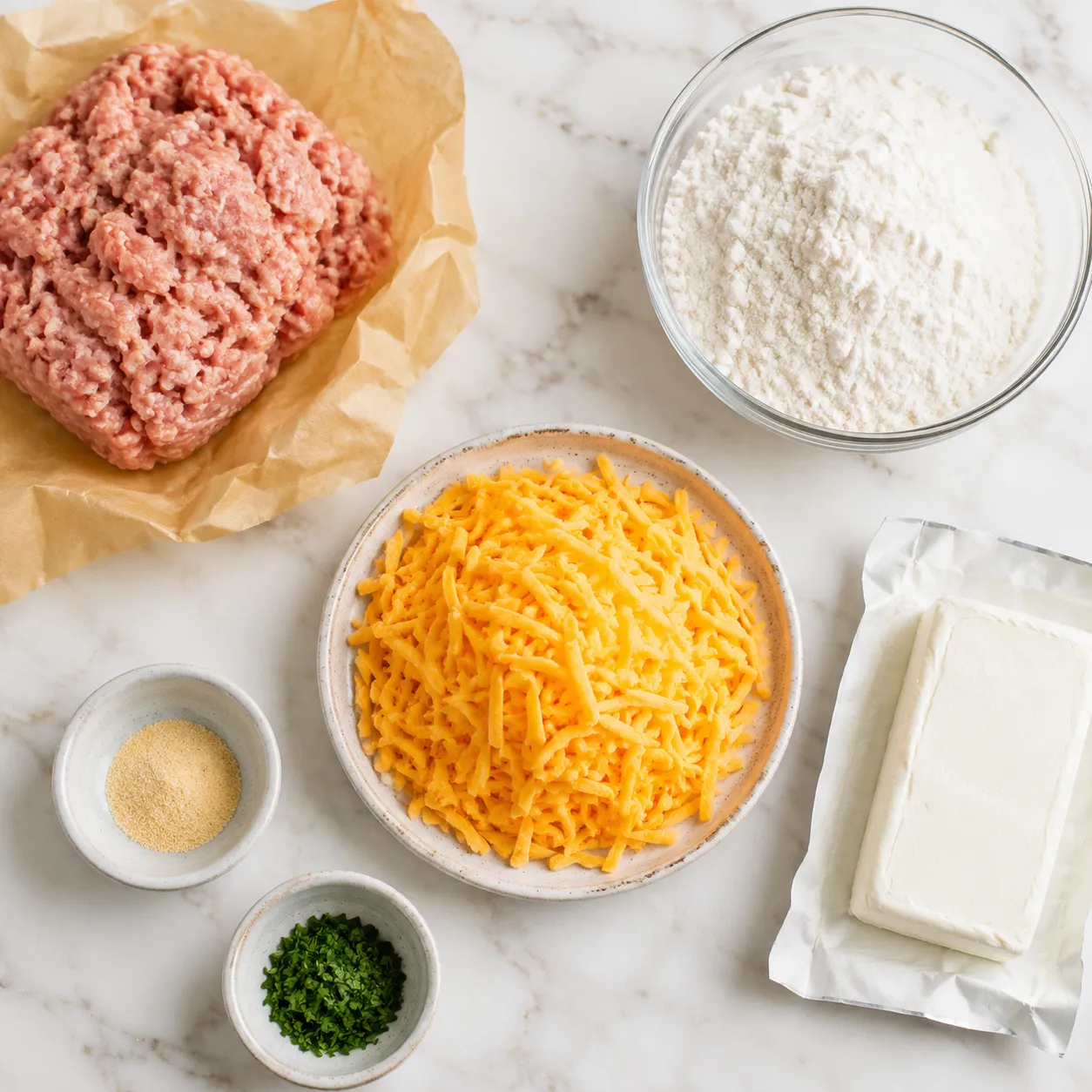Ingredients flatlay for bisquick sausage balls including sausage, cheddar, and Bisquick
