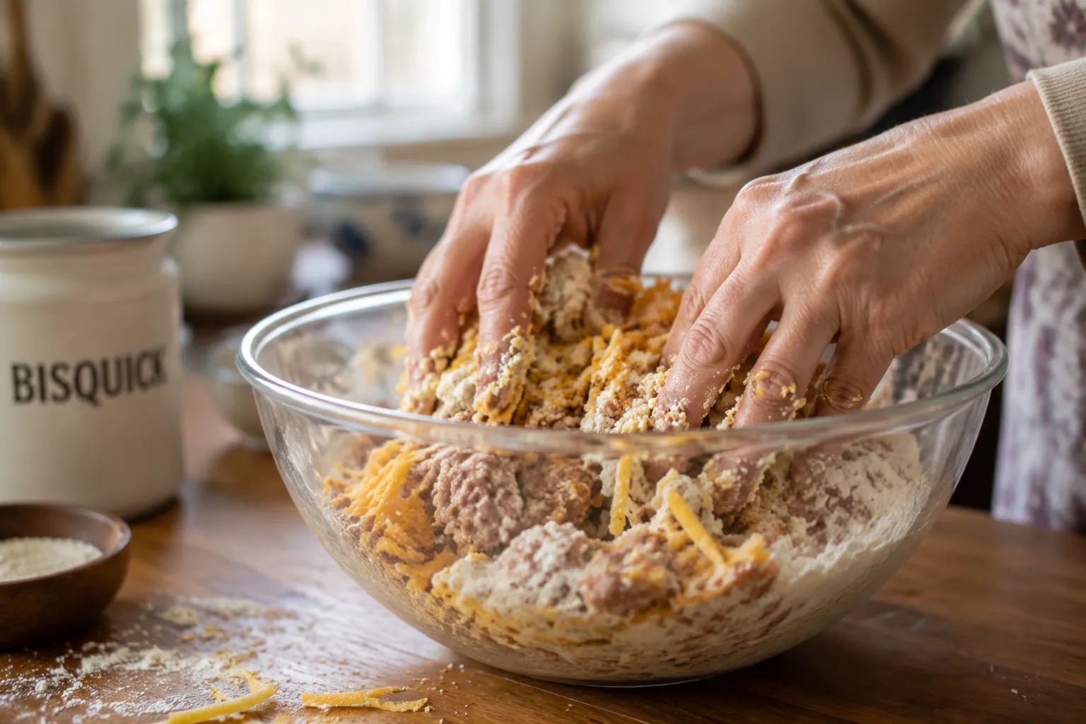 Mixing sausage cheese balls dough by hand in a glass bowl
