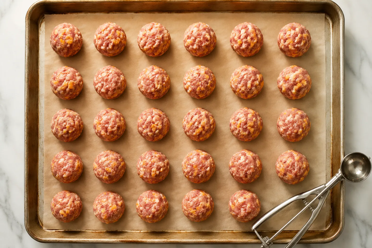 Rolled raw sausage balls on parchment baking sheet ready to bake