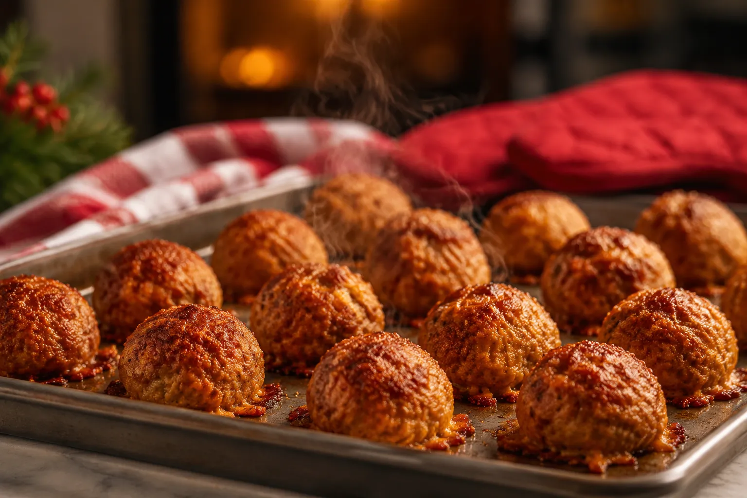 Freshly baked sausage balls recipe on sheet pan straight from the oven