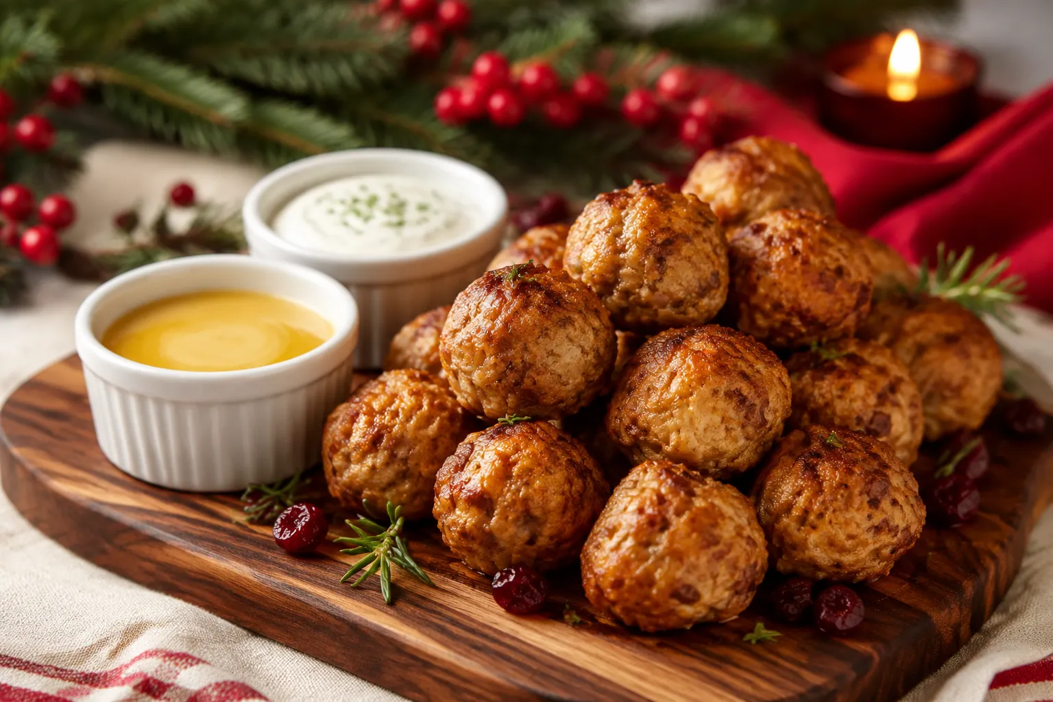Sausage balls served on a holiday board with honey mustard and ranch