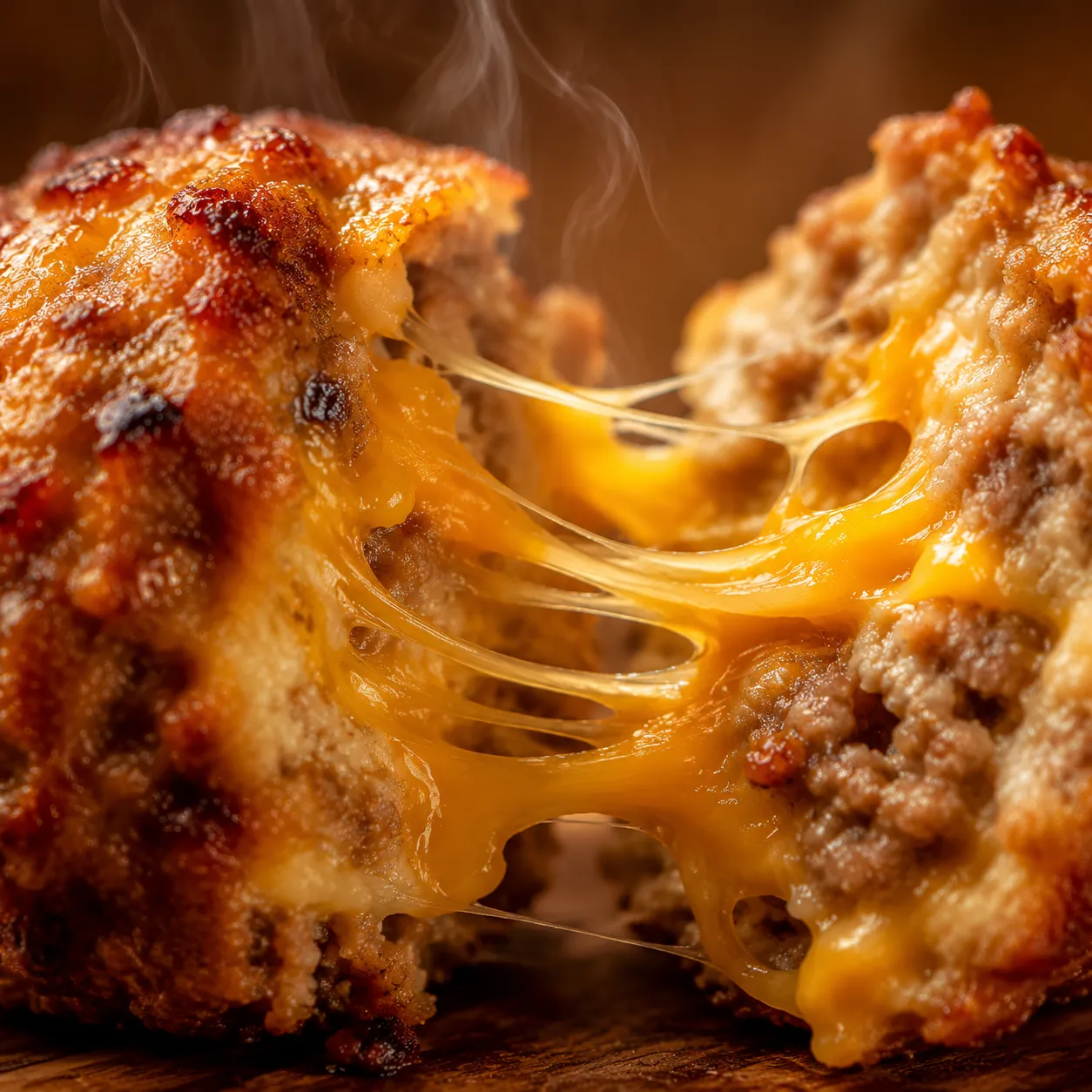 Close-up cheese pull of sausage cheese balls split in half