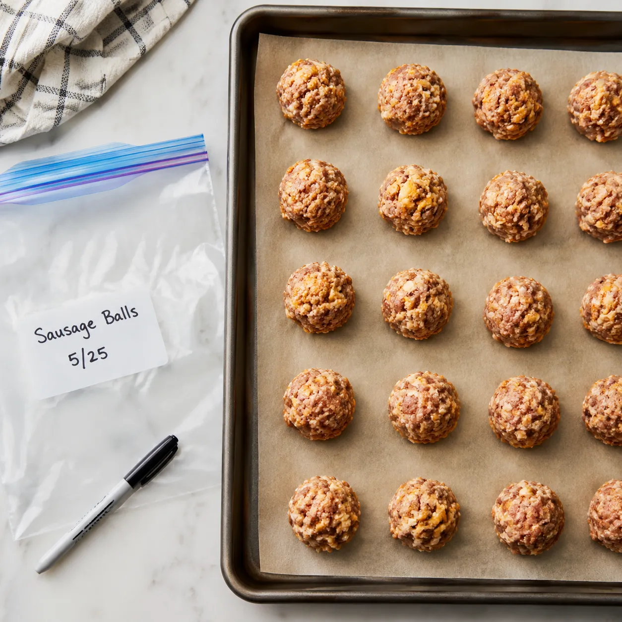 Make-ahead sausage balls being frozen on a tray for later baking