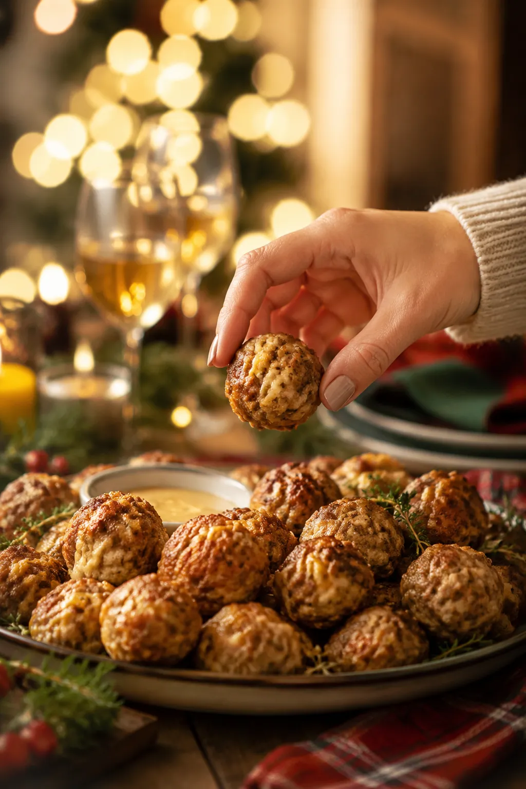 Hand grabbing a sausage ball from holiday party appetizer platter