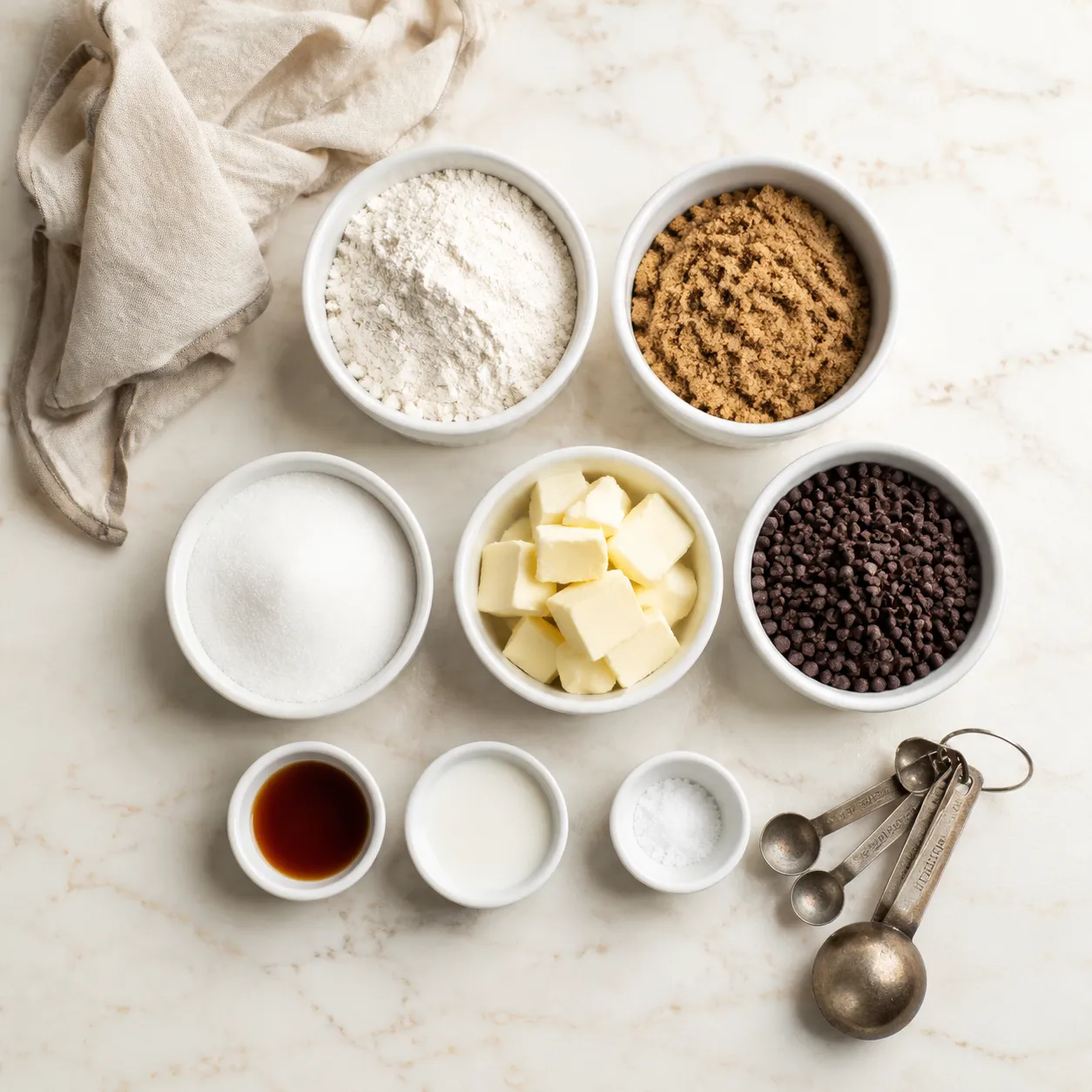 Edible cookie dough recipe ingredients flatlay with flour, butter, and chocolate chips