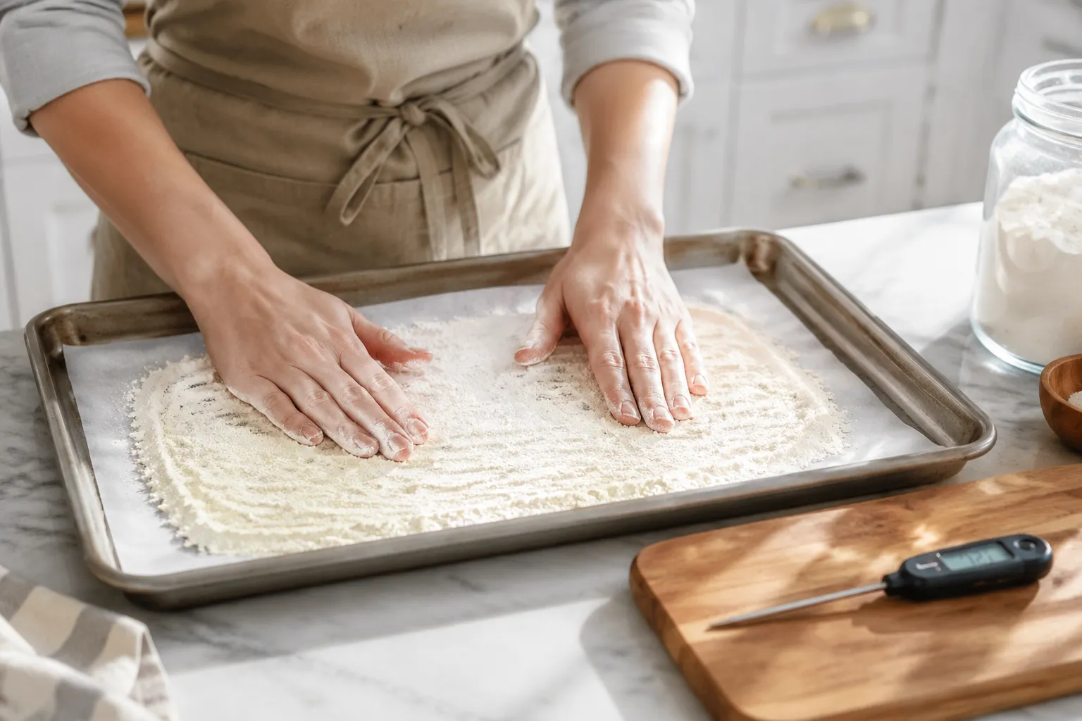 How to heat-treat flour for edible cookie dough on a baking sheet