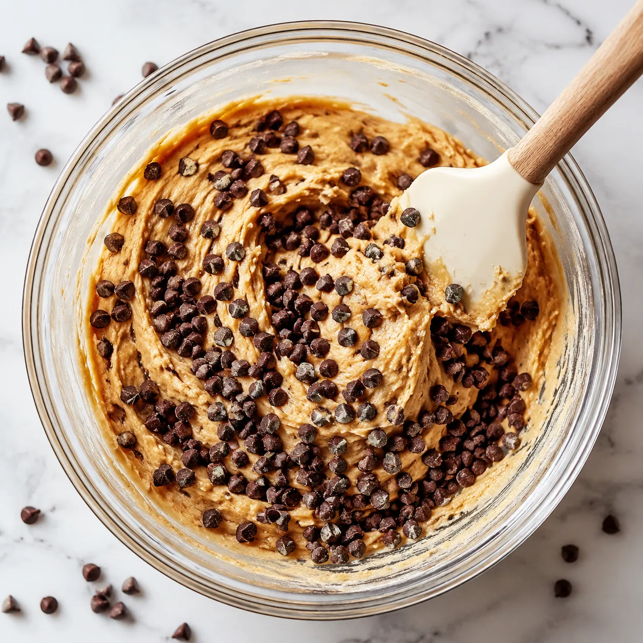 Folding chocolate chips into edible cookie dough
