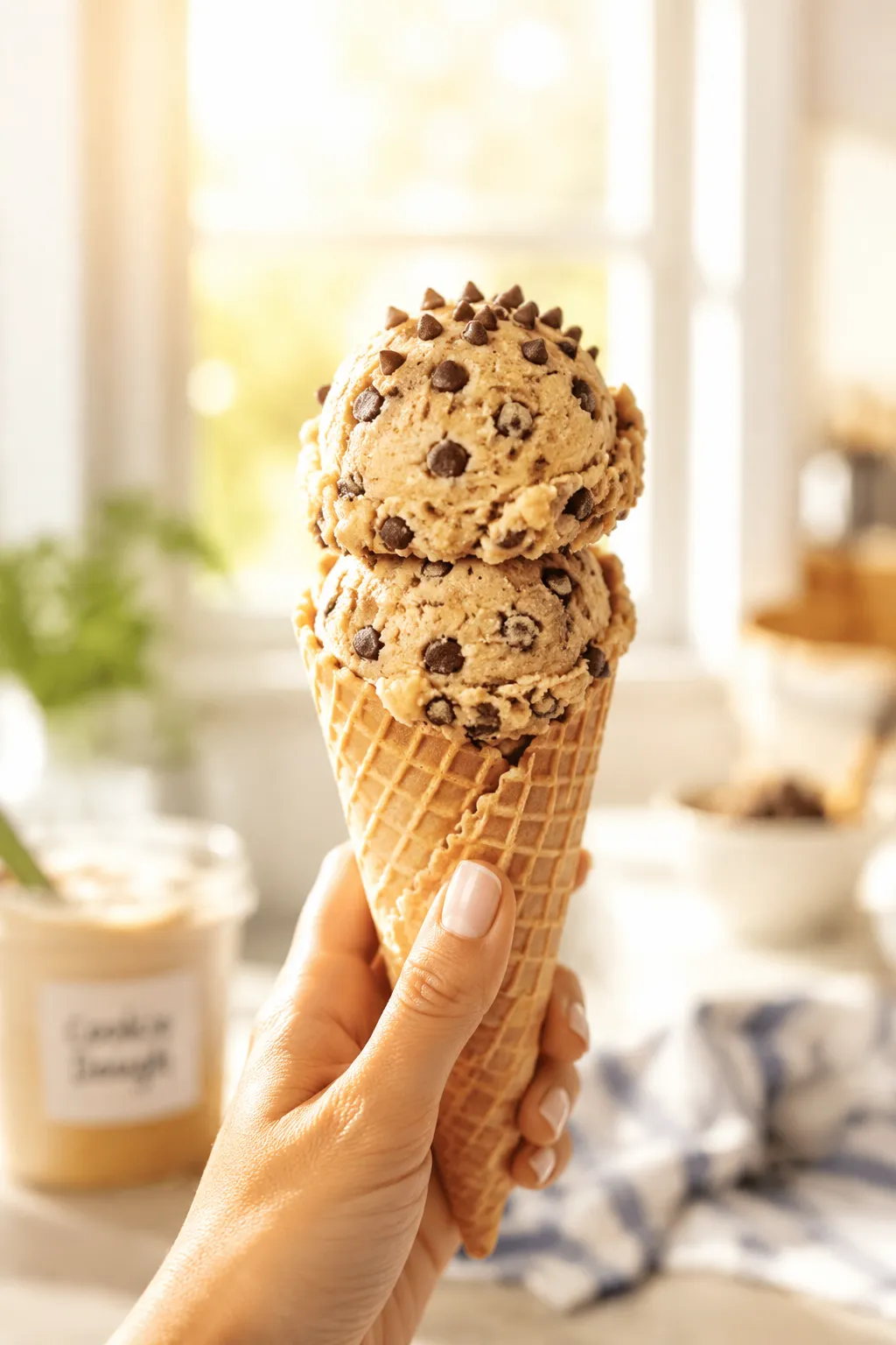 Edible cookie dough served in a waffle cone like ice cream