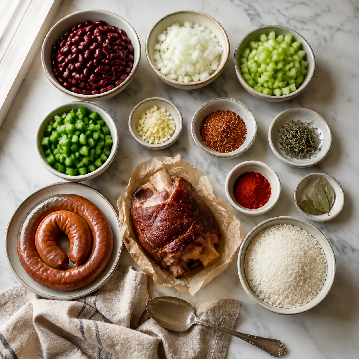 Red beans and rice ingredients including kidney beans, andouille, and the holy trinity