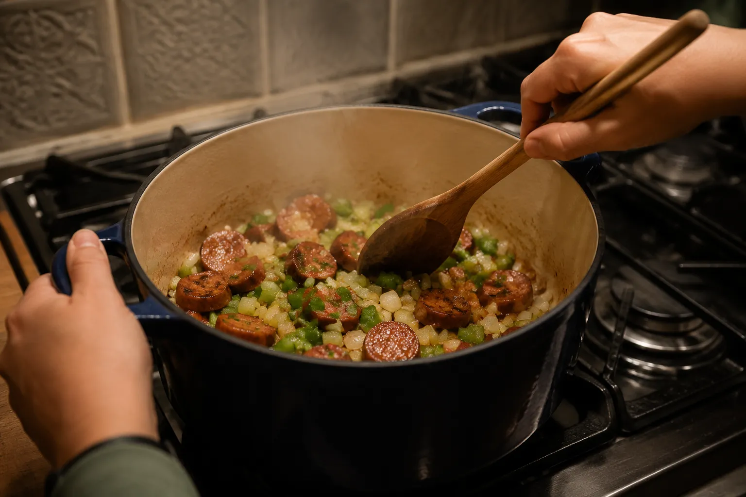 Sauteing andouille sausage and the holy trinity for red beans and rice
