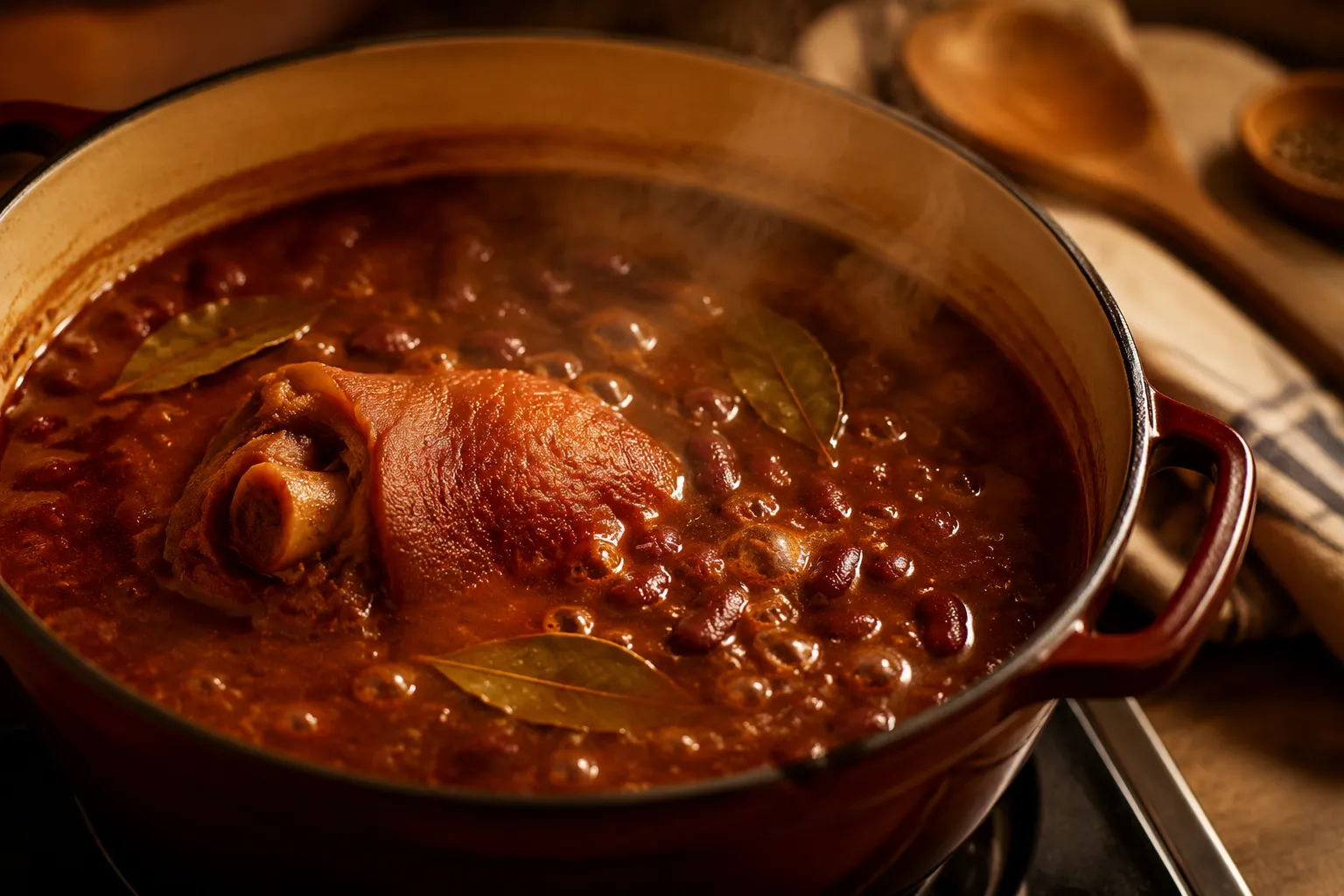 Red beans simmering with ham hock and bay leaves for an authentic red beans recipe