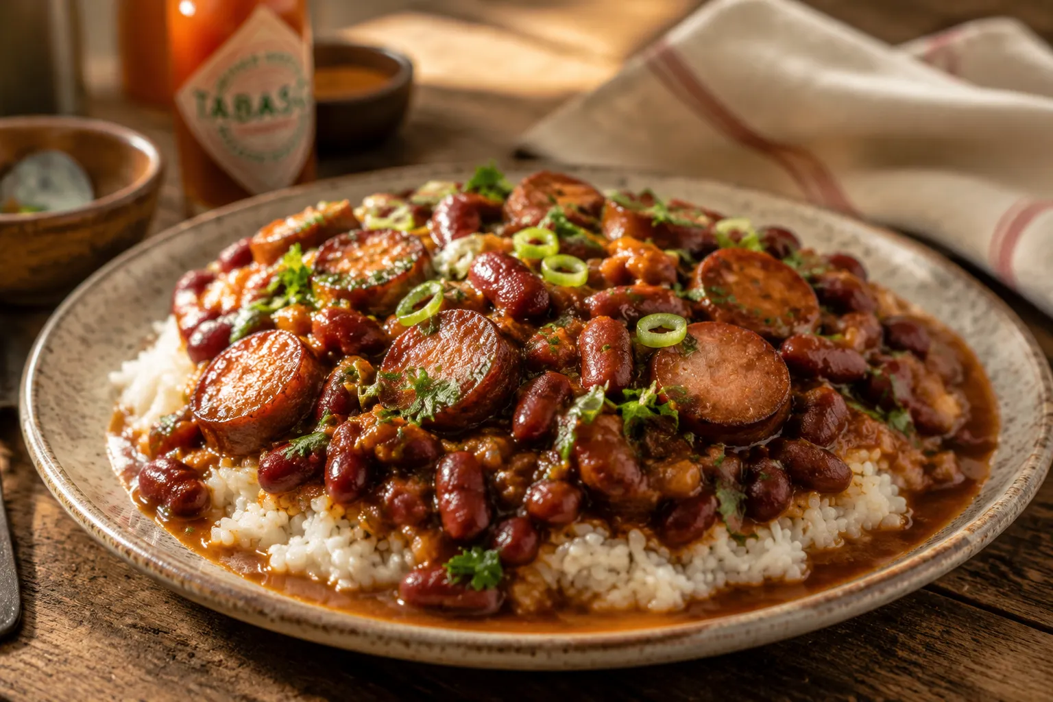 Plated red beans and rice recipe topped with andouille and scallions