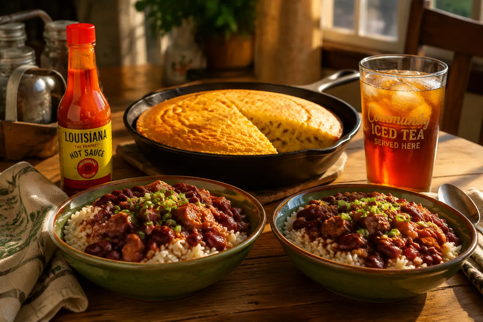 Red beans and rice served with cornbread and sweet tea for a Southern dinner