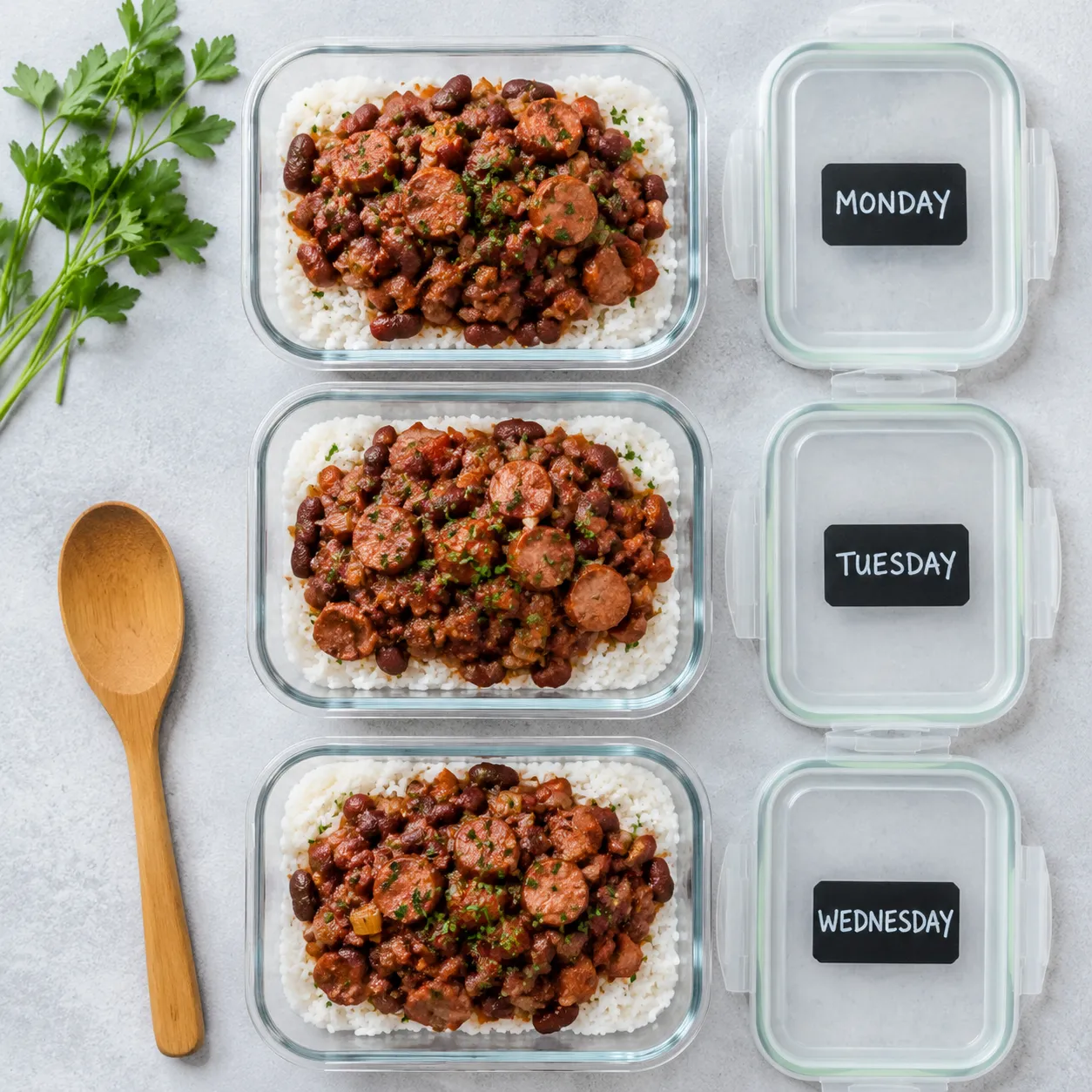 Red beans and rice meal prep storage in glass containers for the week